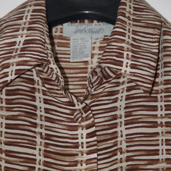 Lord & Taylor Vintage Silk Brown Cream Print Blouse Shirt Long Sleeve Top Size 4 - Picture 2 of 8